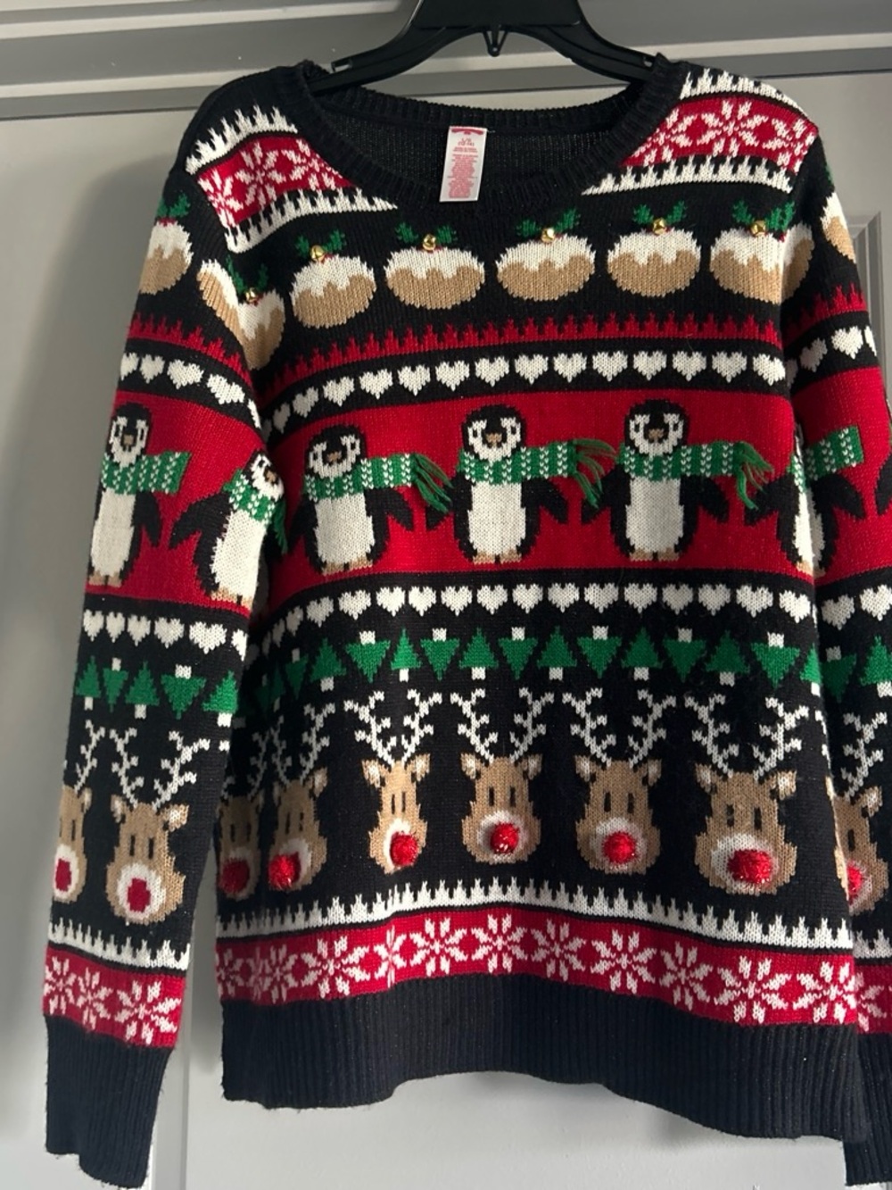 Holiday Time Black Red Green Cream Penguin & Reindeer Knit Sweater